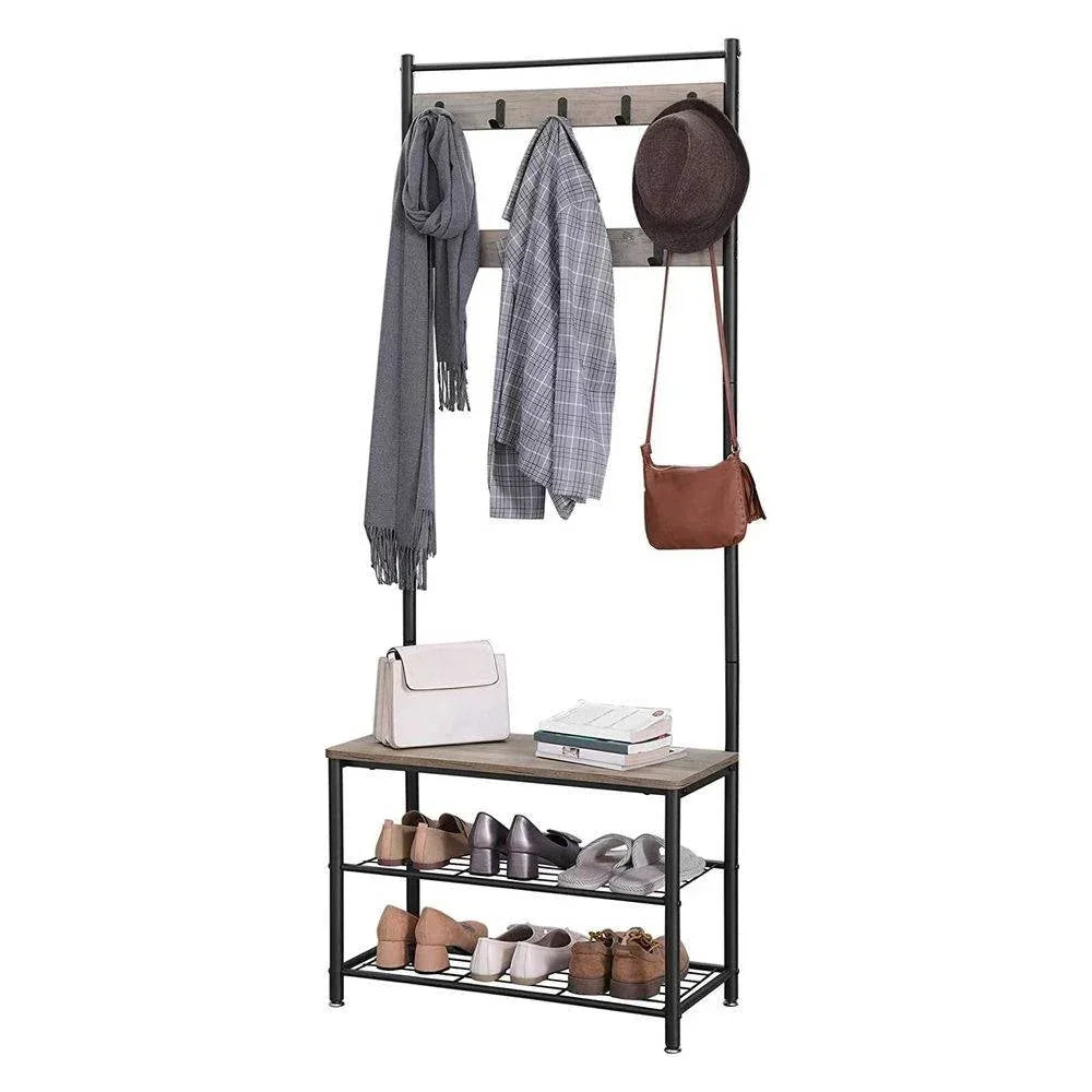 Modern Industrial Black Grey Entryway Coat Rack Shoe Bench with 2 Shelves