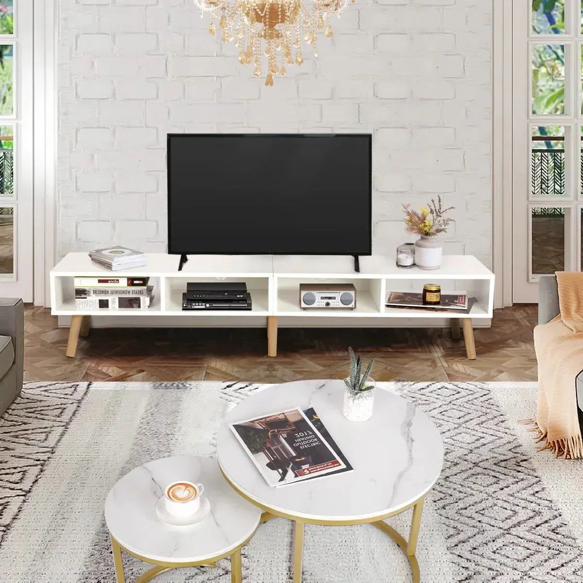 Modern Mid-Century Style TV Stand in White with Wood Legs for TVs up to 65-inch