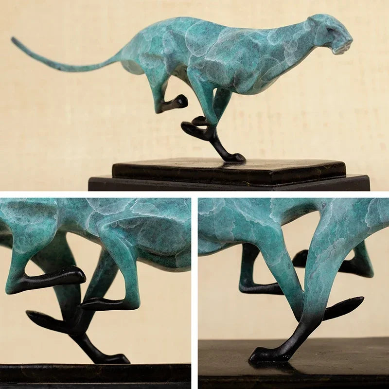 Modern running leopard decorative sculpture in turquoise patina bronze with blackened legs for living rooms tabletop decor