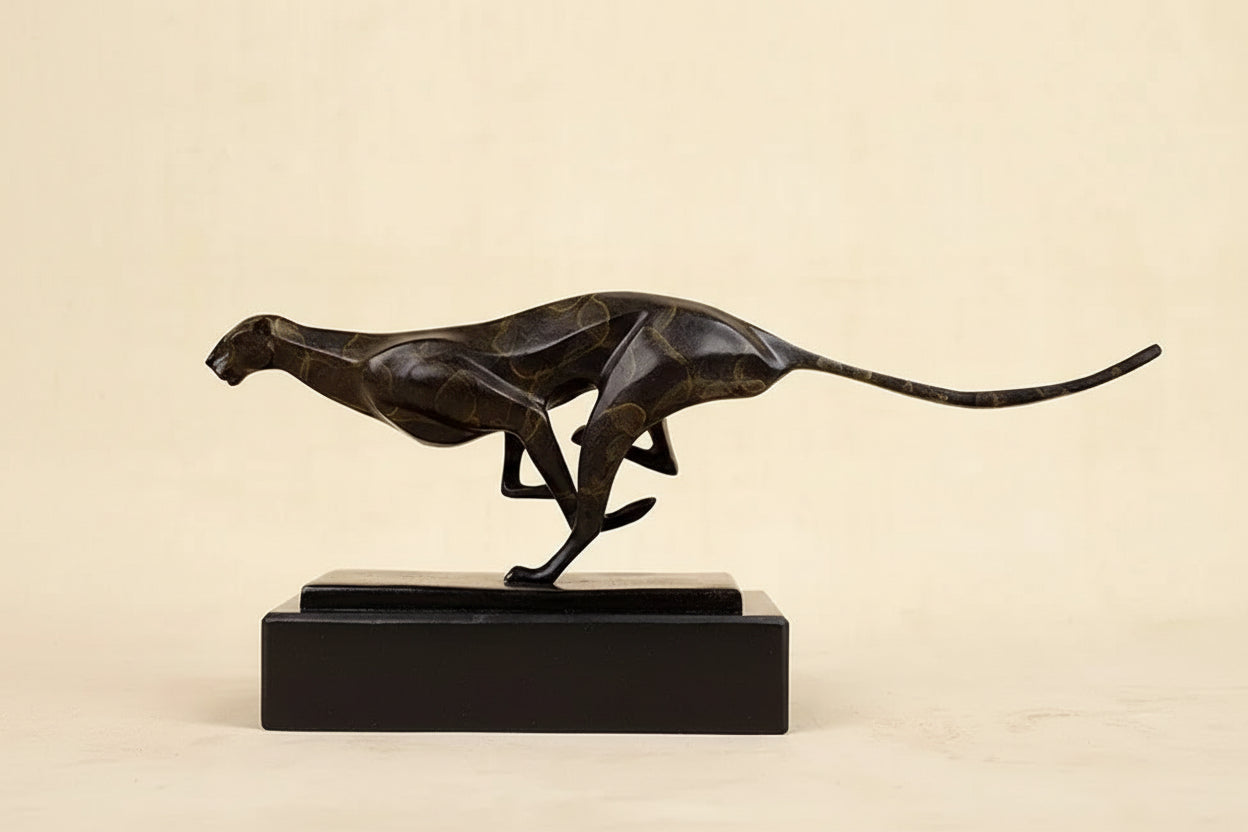 Bronze modern running leopard sculpture with sleek dark patina for living rooms tabletop decor