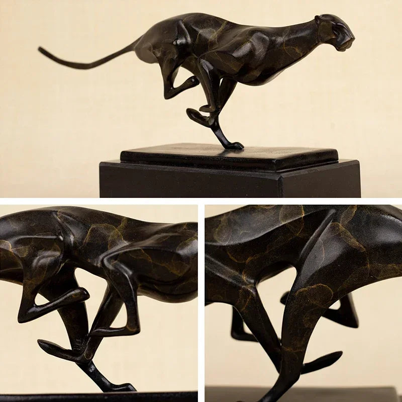 Dark bronze modern running leopard sculpture with sleek stylized design and golden patina accents for living rooms