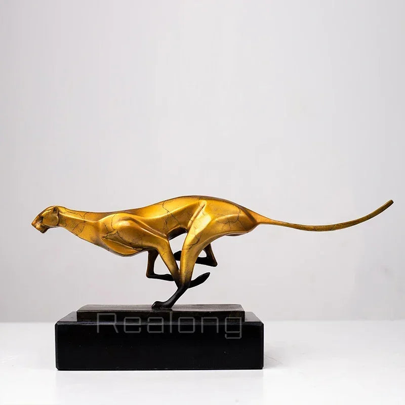 Modern running leopard decorative sculpture in gold with cracked finish on black base for living rooms tabletop decor