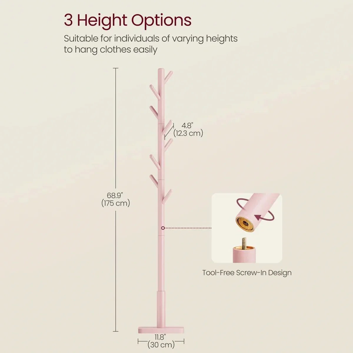 Modern Solid Wood Coat Rack Entryway Hall Tree Hat Stand in Pink