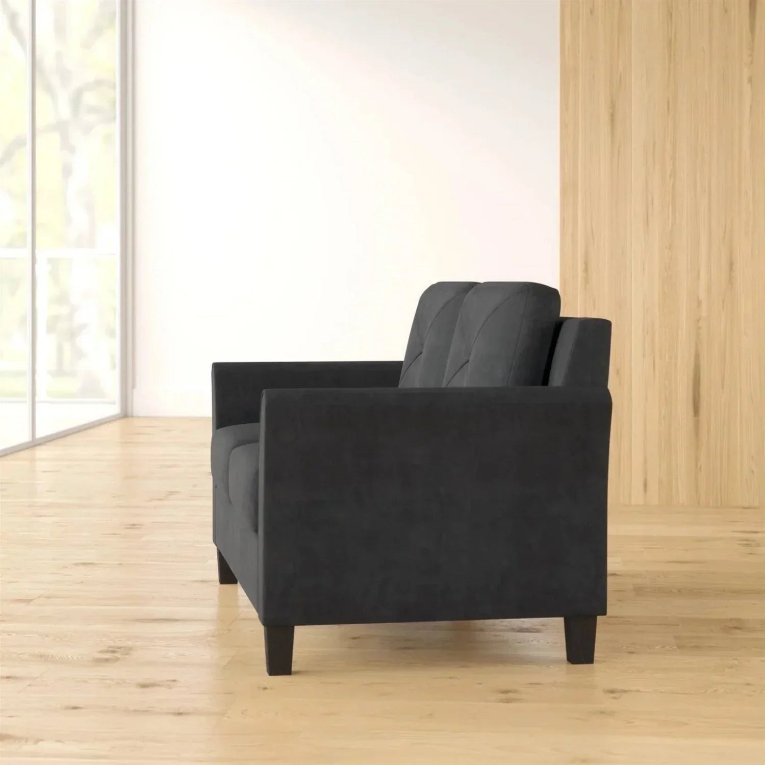 Modern Upholstered Loveseat Sofa in Black Microfiber with Button Tufted Cushions