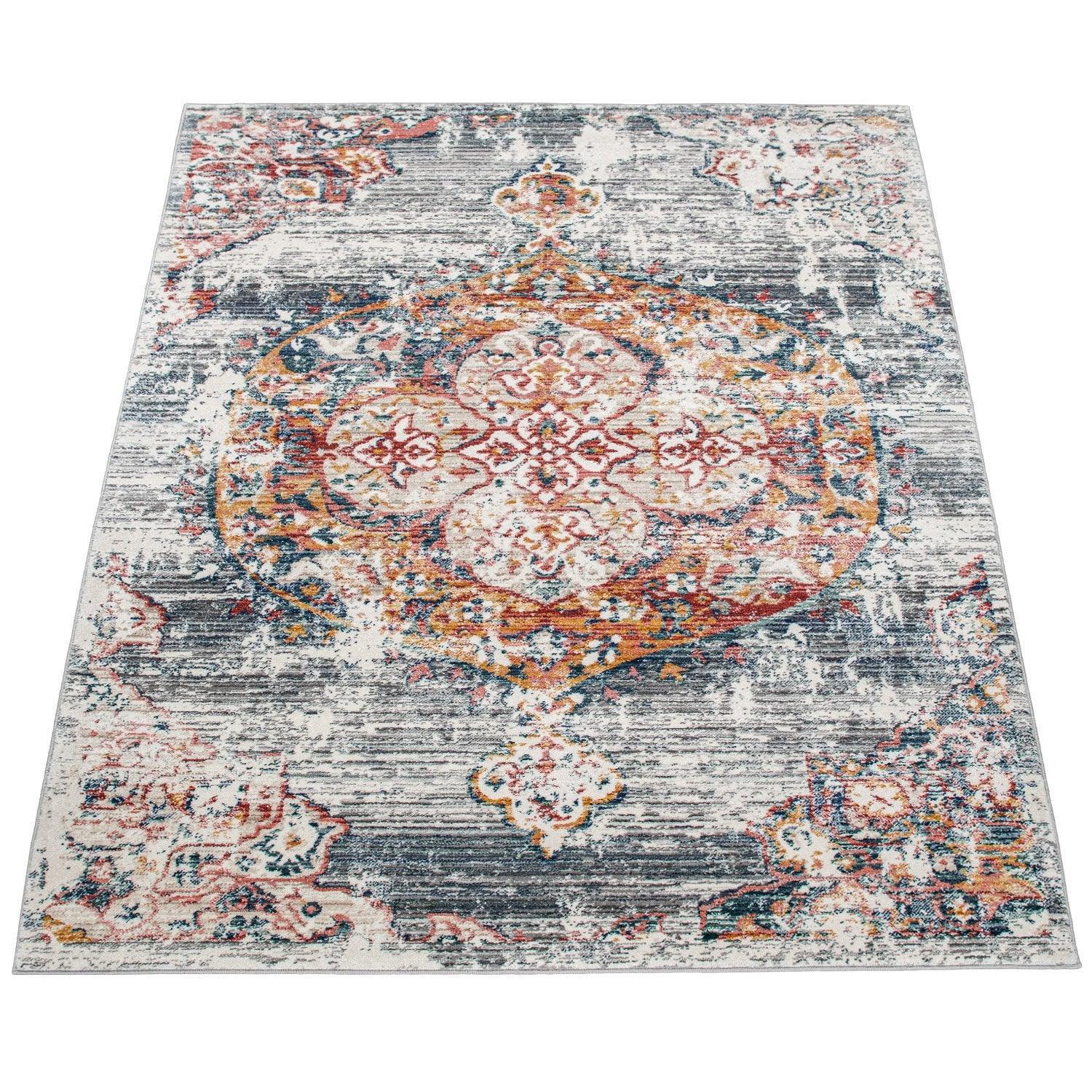 Modern Vintage Rug Oriental Look Abstract Grey Red White, back view - House Of Avana