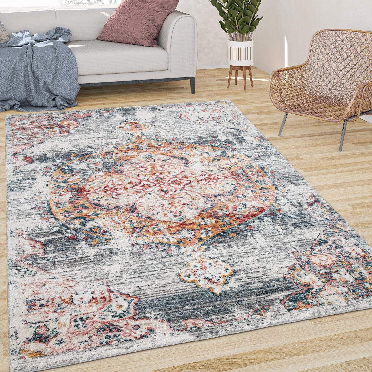 Modern Vintage Rug Oriental Look Abstract Grey Red White, front view - House Of Avana