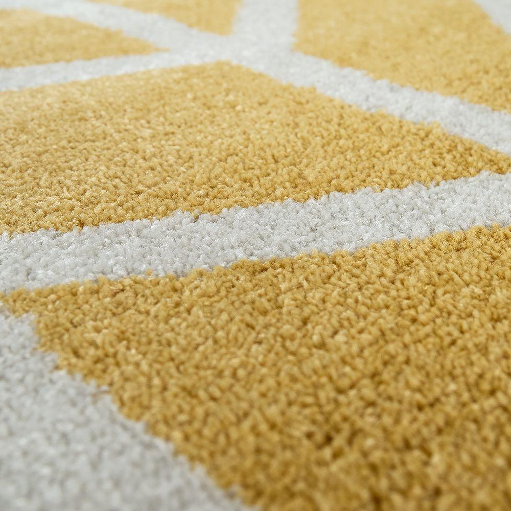 Modern Yellow Area Rug Geometric Chevron Pattern White Stripes, side view - House Of Avana