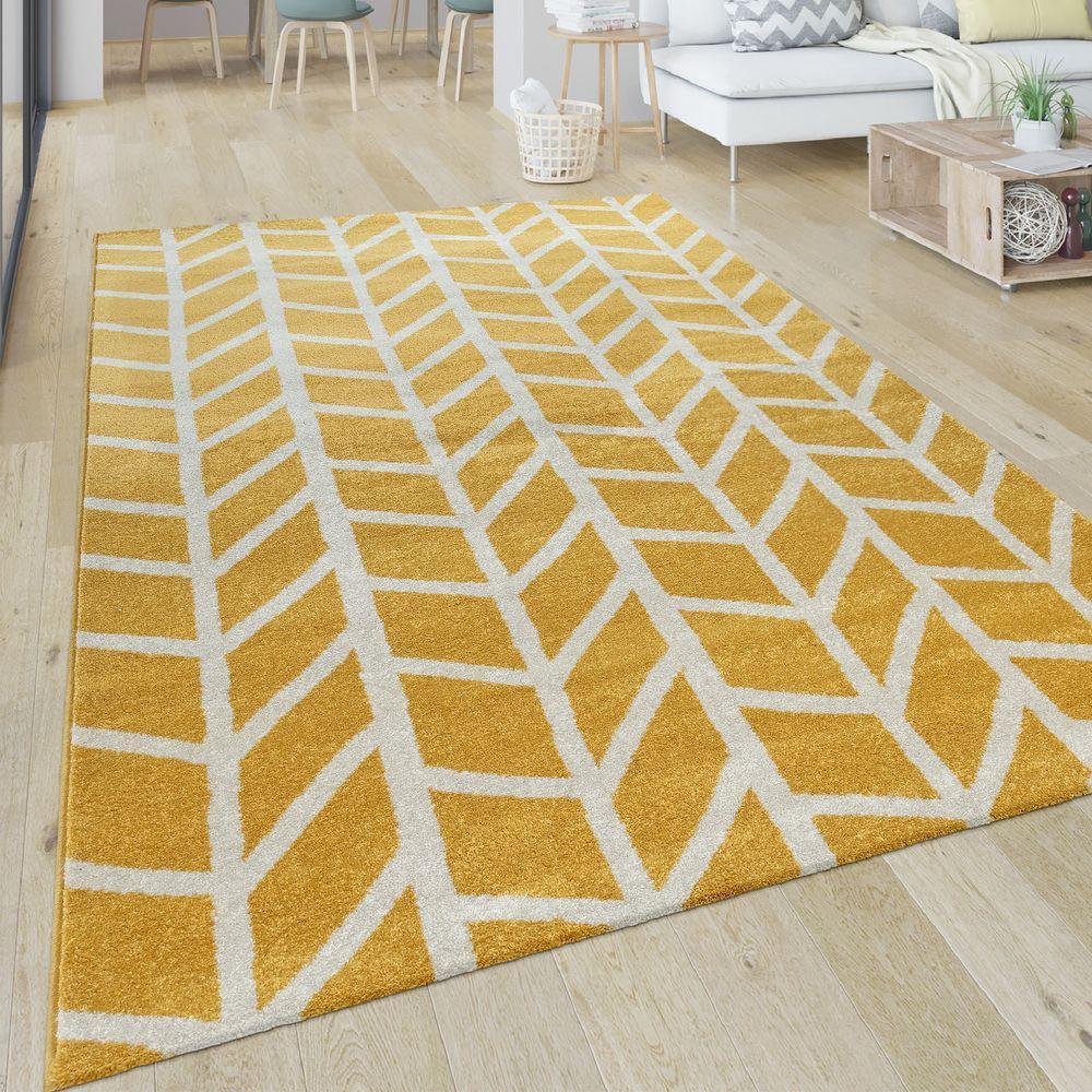 Modern Yellow Area Rug Geometric Chevron Pattern White Stripes, front view - House Of Avana