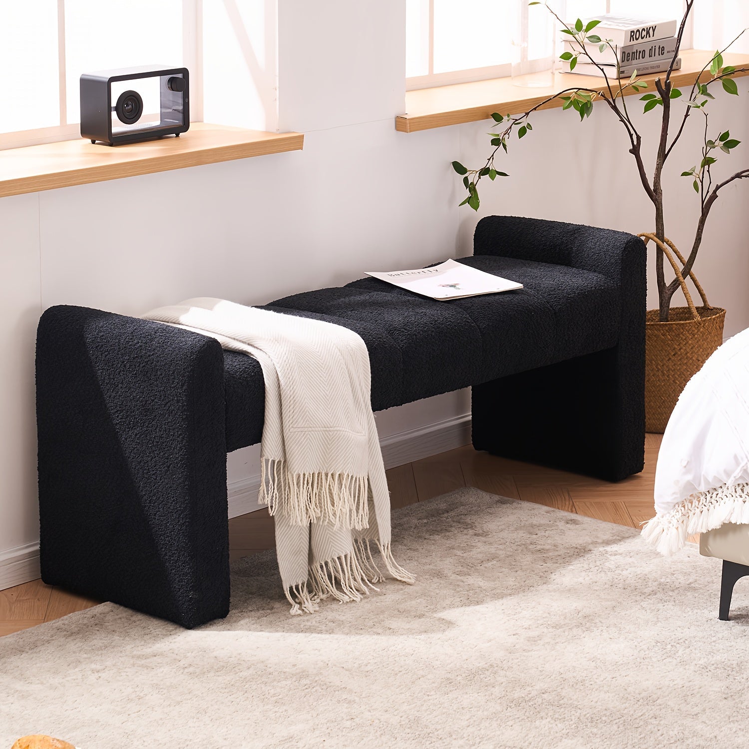 Modern Boucle End of Bed Bench - Extra Long 54" Bedroom Ottoman with Arm, Sturdy Hardwood Frame, Space-Saving Design for Living Room, Hallway, Bedroom - No Assembly Required, Matte Black Finish, Bench for Bedroom, Cozy Seatin House Of Avana