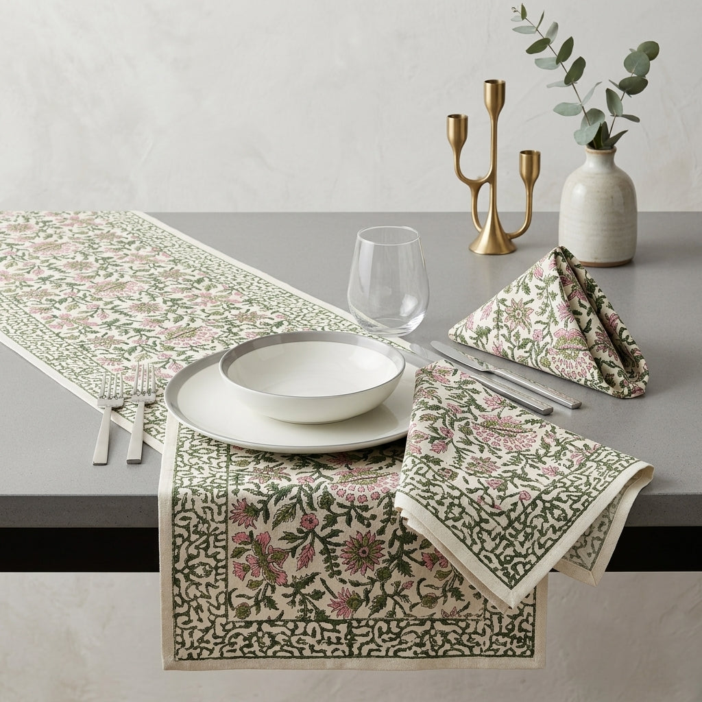 A styled dining table setting featuring a cream table runner and matching napkins with a pink and green floral and botanical pattern, set on a gray table with white plates, cutlery, a glass, and a gold candelabra.