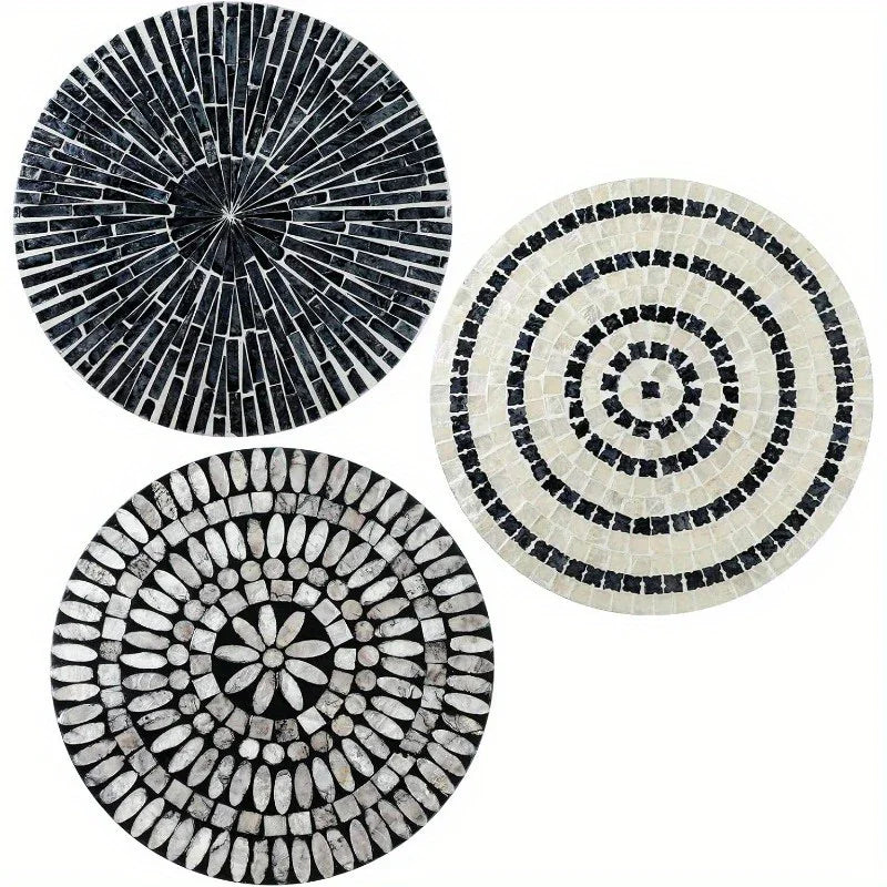 Mother of Pearl Shell Wall Art, 11.8 Inches Mosaic Coastal Plates, Black, front view - House Of Avana