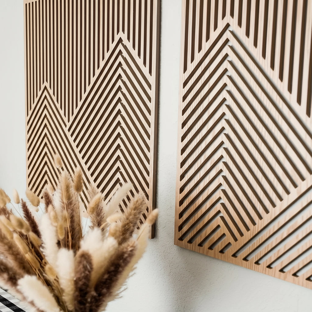 Wood Wall Art Decor Piece Mountain Landscape Panel, angled view - House Of Avana