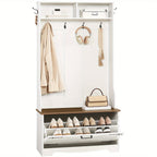 Entryway Bench with Coat Rack and Shoe Cabinet, Hall Tree with Bench, Flip Drawers, Farmhouse Hall Tree with Shoe Organizer, Mud Room, White and Walnut House Of Avana