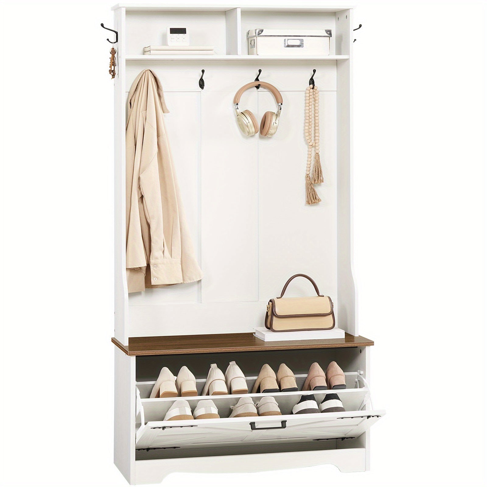 Entryway Bench with Coat Rack and Shoe Cabinet, Hall Tree with Bench, Flip Drawers, Farmhouse Hall Tree with Shoe Organizer, Mud Room, White and Walnut House Of Avana