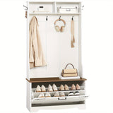 Entryway Bench with Coat Rack and Shoe Cabinet, Hall Tree with Bench, Flip Drawers, Farmhouse Hall Tree with Shoe Organizer, Mud Room, White and Walnut House Of Avana