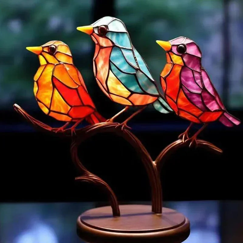Vibrant multicolor stained acrylic birds lamp featuring comfortable color combination and intricate shape design on branch