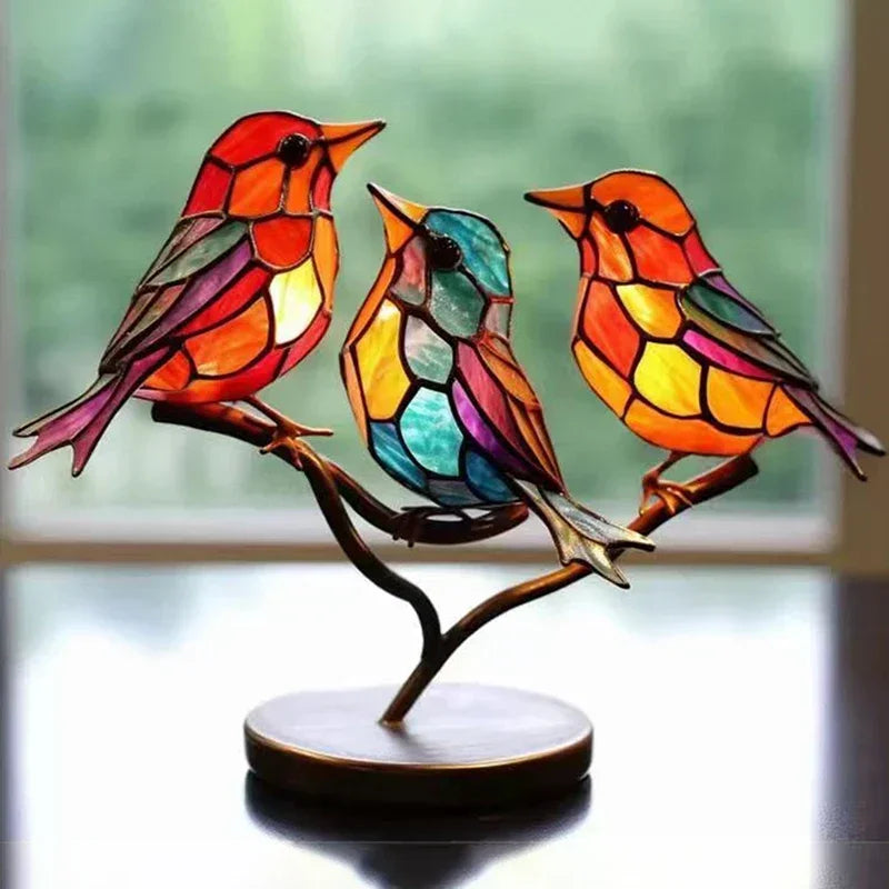 Multicolor stained acrylic birds on branch with vibrant mosaic panels and comfortable color combination for desktop display