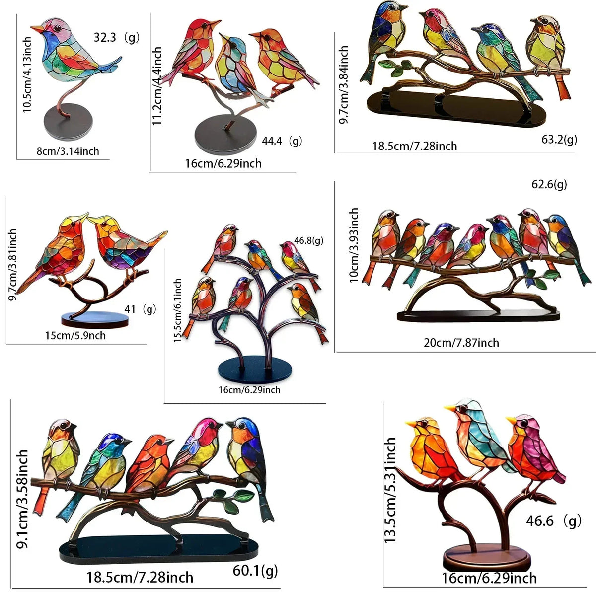 Colorful acrylic birds with comfortable color combination and shape design on metal branches for desktop display