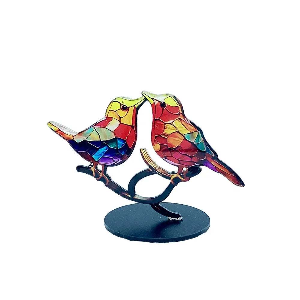 Multicolor stained acrylic birds on branch with comfortable color combination and shape design for desktop display