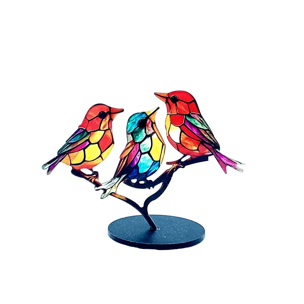 Multicolor stained acrylic birds on branch featuring three vibrant acrylic birds in a comfortable color combination and elegant shape design for desktop display