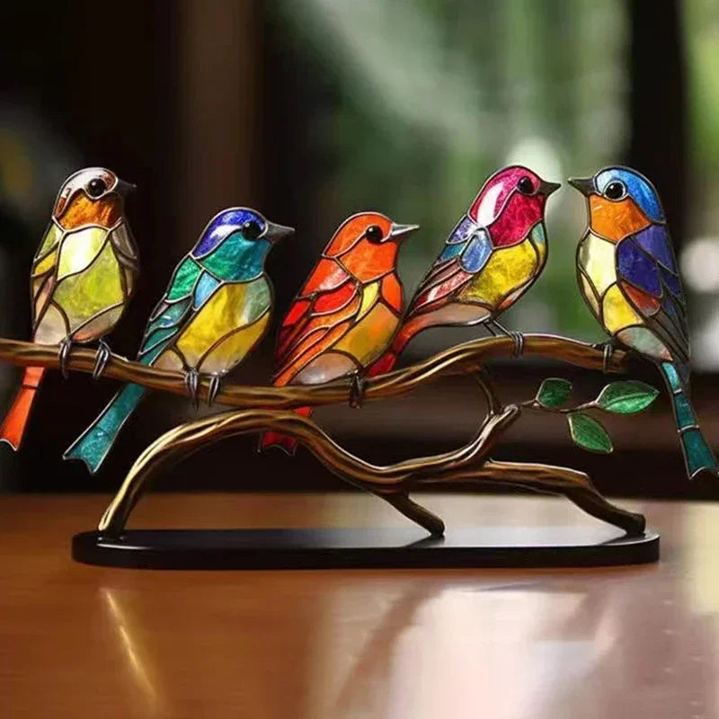 Multicolor stained acrylic birds on branch with comfortable color combination and intricate shape design for desktop display