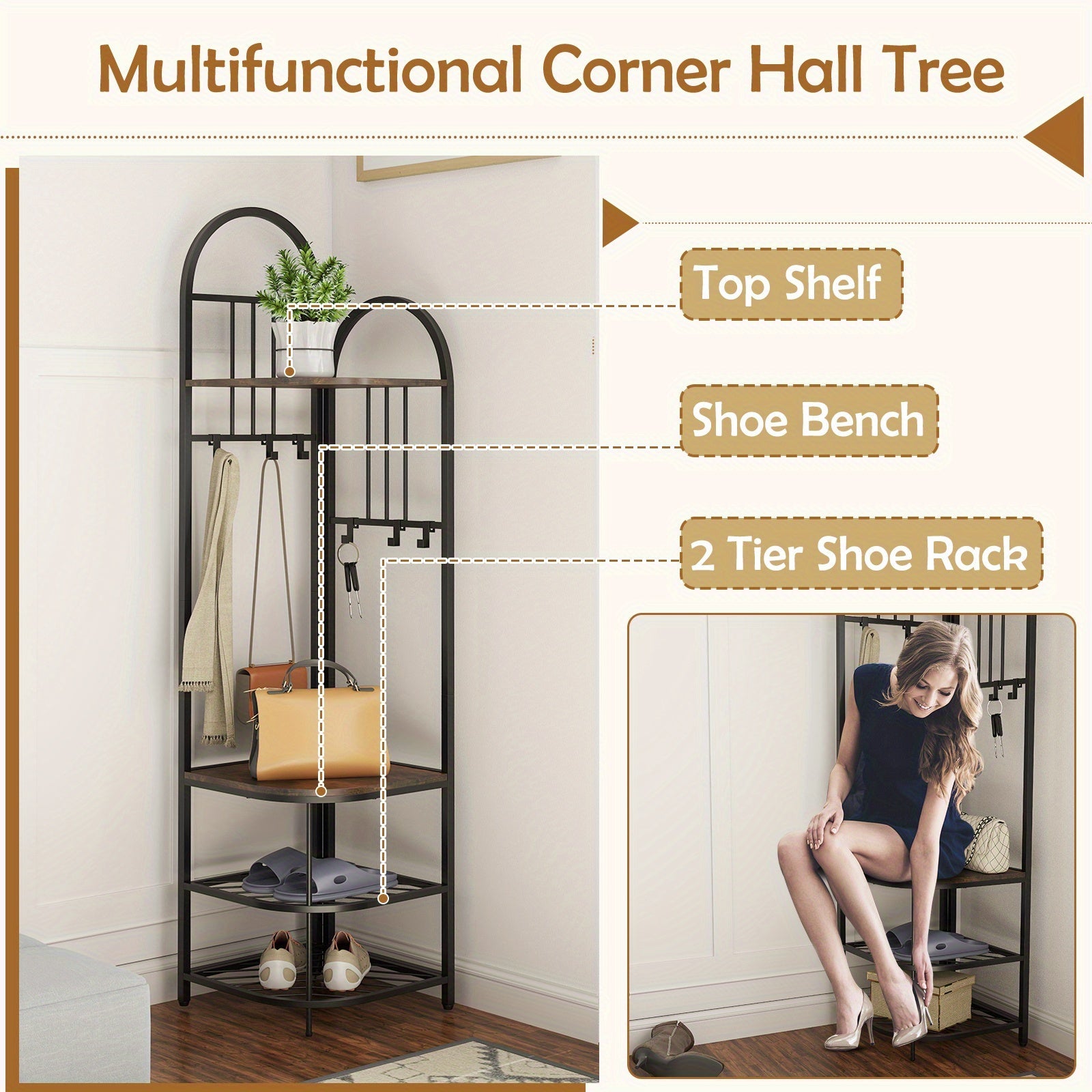 ERGOMASTER 4-in-1 Entryway Organizer: 180cm Tall Corner Coat Rack with Shoe Bench, 2-Tier Mesh Shoe Storage & 6 Removable Hooks - Space-Saving Hall Tree for Home or Retail Stores, Rustic Brown (Engineered Wood & Metal), Powde House Of Avana