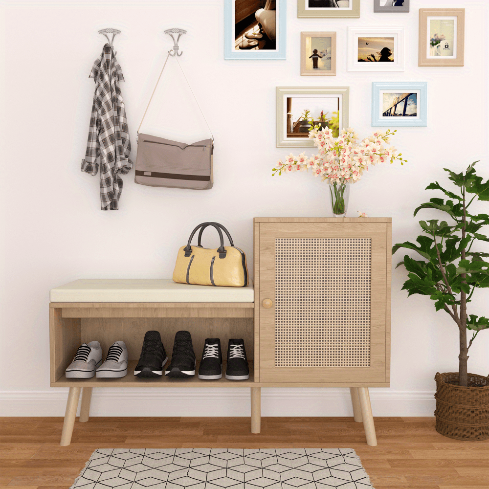 2-in-1 Shoe Storage Bench with Natural Rattan Accents, Adjustable Shelves & Removable Seat Cushion – Durable Wooden Frame, Ideal for Entryway, Hallway, Bedroom – Space-Saving Organizer with Decorative Faux Rattan Design House Of Avana