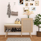 2-in-1 Shoe Storage Bench with Natural Rattan Accents, Adjustable Shelves & Removable Seat Cushion – Durable Wooden Frame, Ideal for Entryway, Hallway, Bedroom – Space-Saving Organizer with Decorative Faux Rattan Design House Of Avana