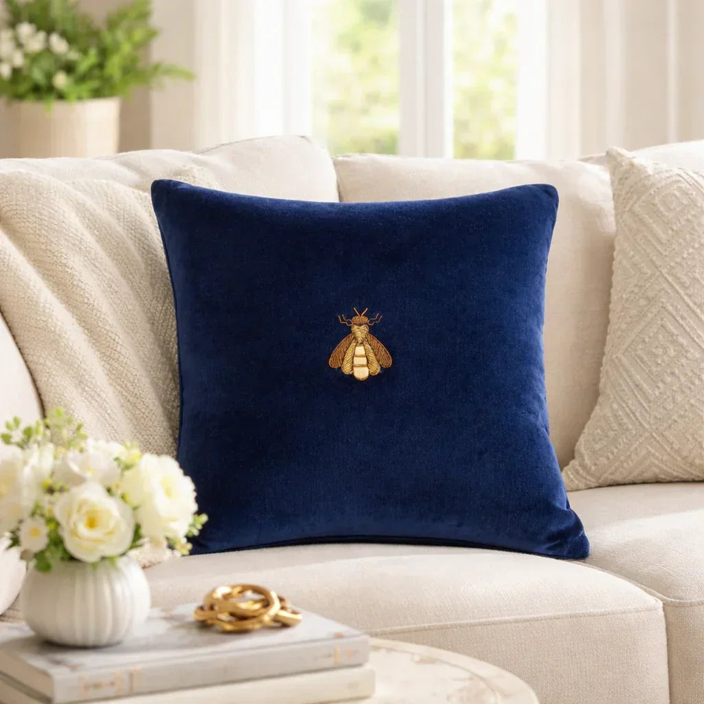 Navy Bee Silk Velvet Throw Pillow Cover, 20 x 20