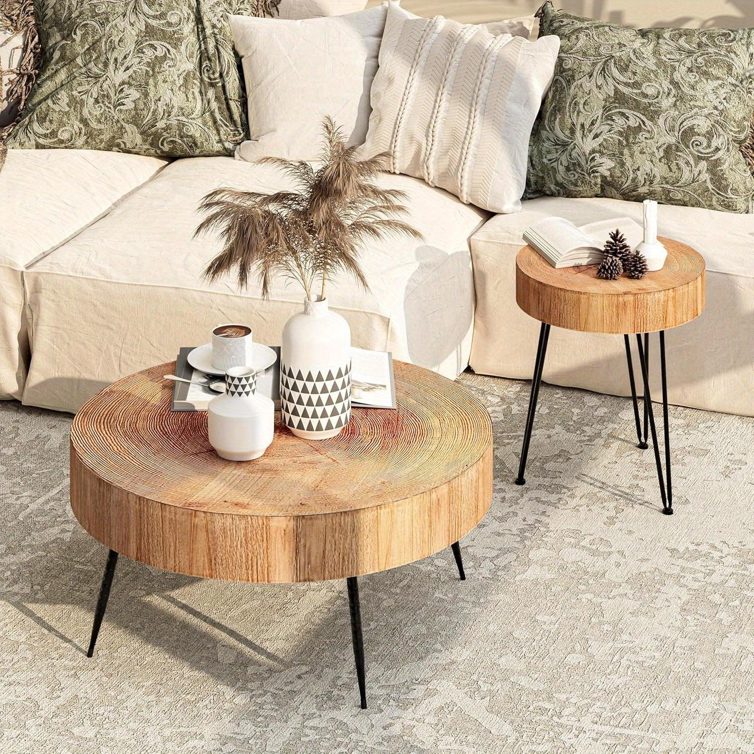 [Modern Farmhouse Nesting Table] Modern Farmhouse Nesting Table Round Natural Finish with Handcrafted Ring Motif, Light Red + Wood Color Furniture for Home, Storage Shelves, Nightstand, Living Room Coffee Table Set House Of Avana