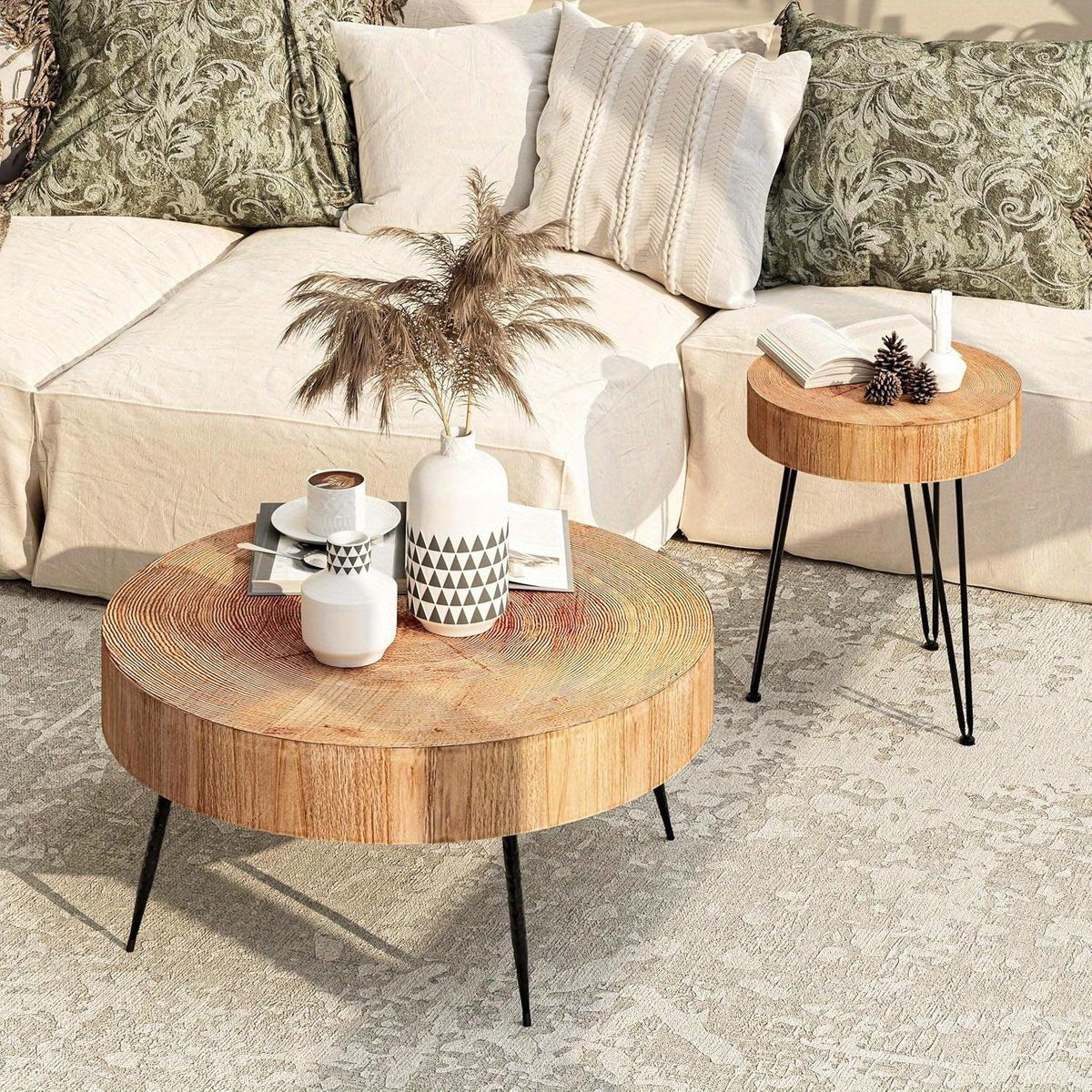 [Modern Farmhouse Nesting Table] Modern Farmhouse Nesting Table Round Natural Finish with Handcrafted Ring Motif, Light Red + Wood Color Furniture for Home, Storage Shelves, Nightstand, Living Room Coffee Table Set House Of Avana [[SKU:HOA-END-014]]