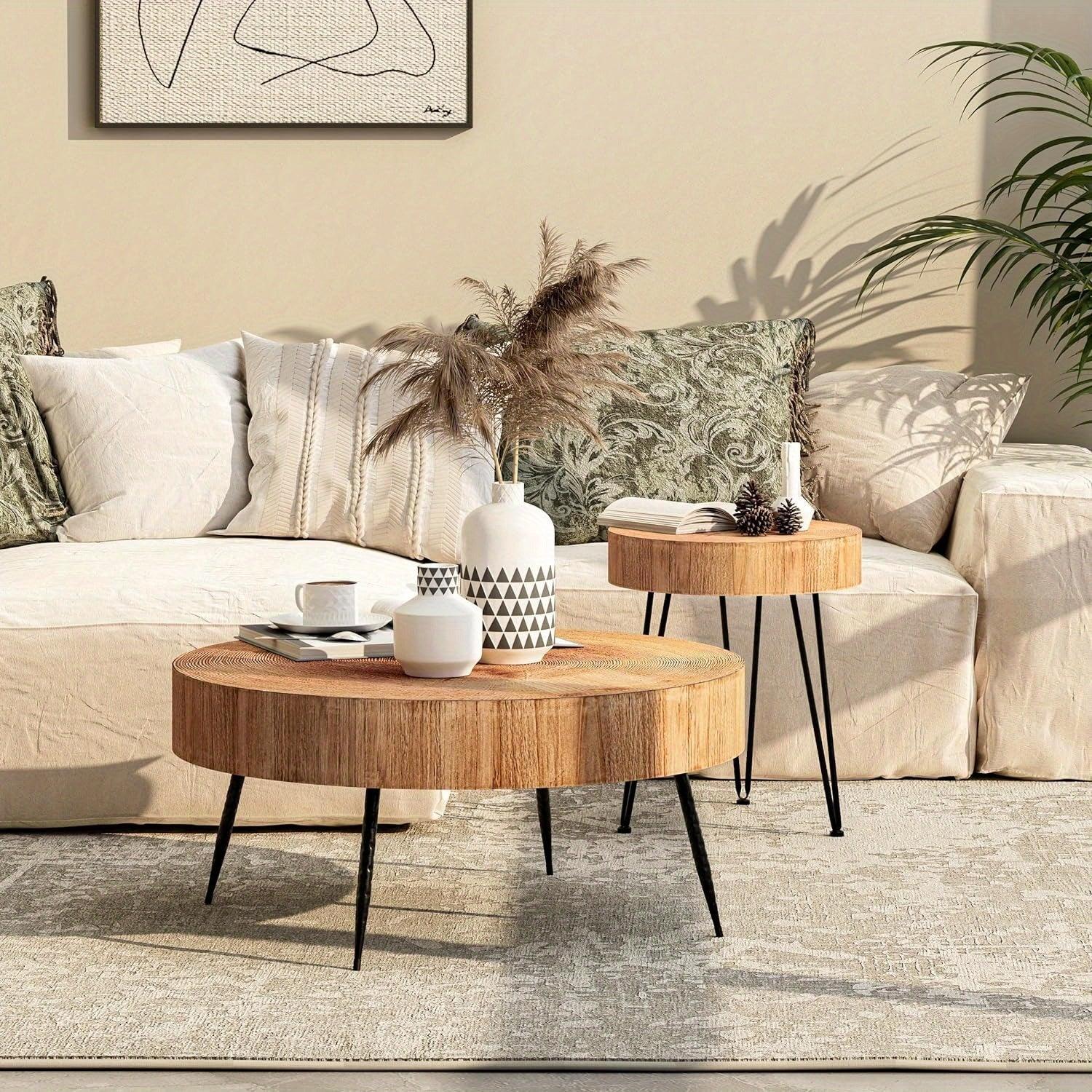 [Modern Farmhouse Nesting Table] Modern Farmhouse Nesting Table Round Natural Finish with Handcrafted Ring Motif, Light Red + Wood Color Furniture for Home, Storage Shelves, Nightstand, Living Room Coffee Table Set House Of Avana