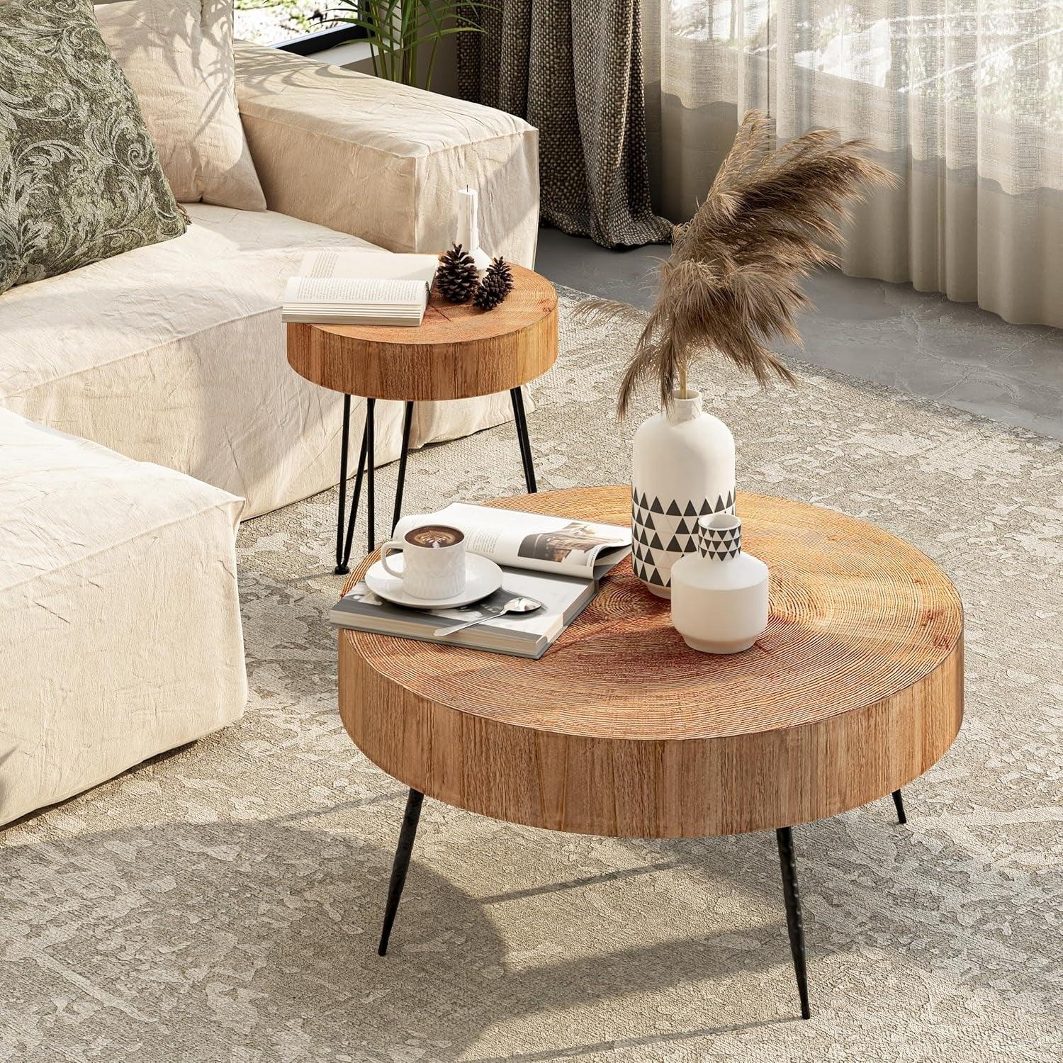 [Modern Farmhouse Nesting Table] Modern Farmhouse Nesting Table Round Natural Finish with Handcrafted Ring Motif, Light Red + Wood Color Furniture for Home, Storage Shelves, Nightstand, Living Room Coffee Table Set House Of Avana