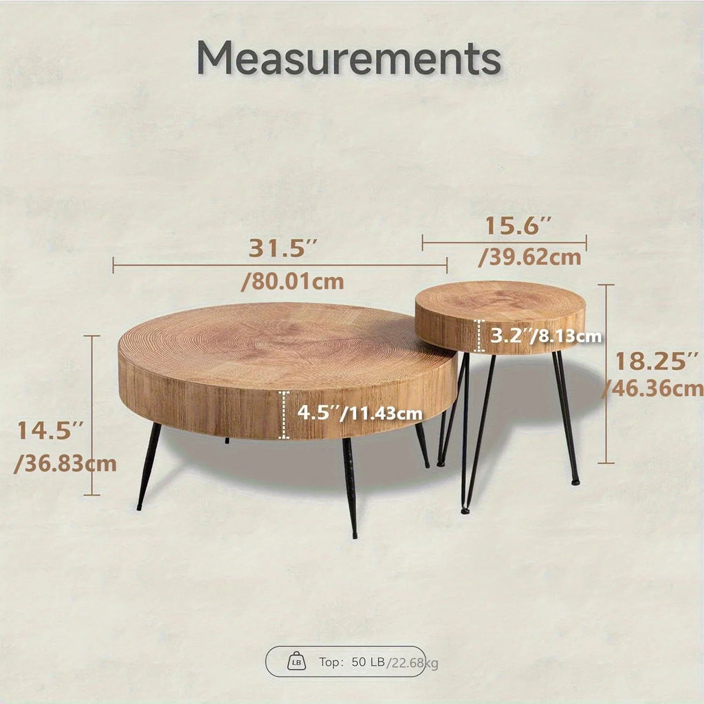[Modern Farmhouse Nesting Table] Modern Farmhouse Nesting Table Round Natural Finish with Handcrafted Ring Motif, Light Red + Wood Color Furniture for Home, Storage Shelves, Nightstand, Living Room Coffee Table Set House Of Avana