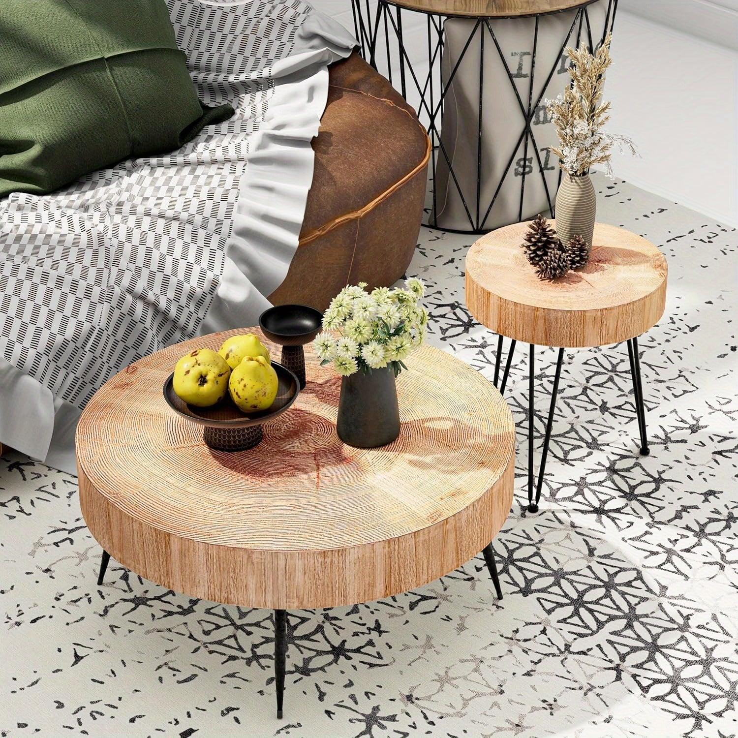 [Modern Farmhouse Nesting Table] Modern Farmhouse Nesting Table Round Natural Finish with Handcrafted Ring Motif, Light Red + Wood Color Furniture for Home, Storage Shelves, Nightstand, Living Room Coffee Table Set House Of Avana