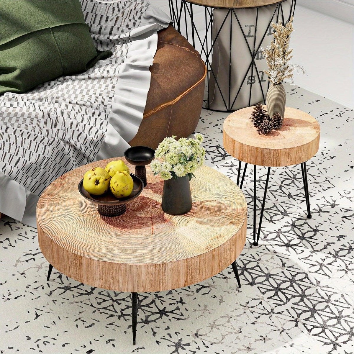 [Modern Farmhouse Nesting Table] Modern Farmhouse Nesting Table Round Natural Finish with Handcrafted Ring Motif, Light Red + Wood Color Furniture for Home, Storage Shelves, Nightstand, Living Room Coffee Table Set House Of Avana [[SKU:HOA-END-014]]