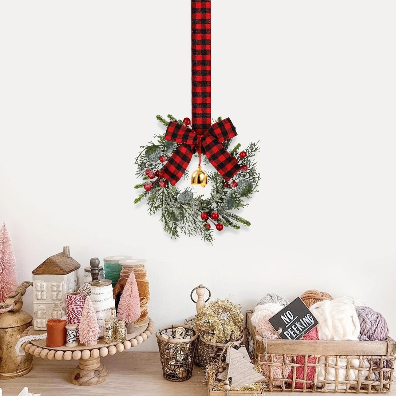 4pcs 9-Inch Mini Christmas Cabinet Bells Wreath Set with Bells, Frosted Cedar, Red Berries & Red & Black Plaid Bow - Norfolk Pine Artificial Material for Kitchen Cabinets, Holiday Decorations (No Maintenance Required), Doors, House Of Avana