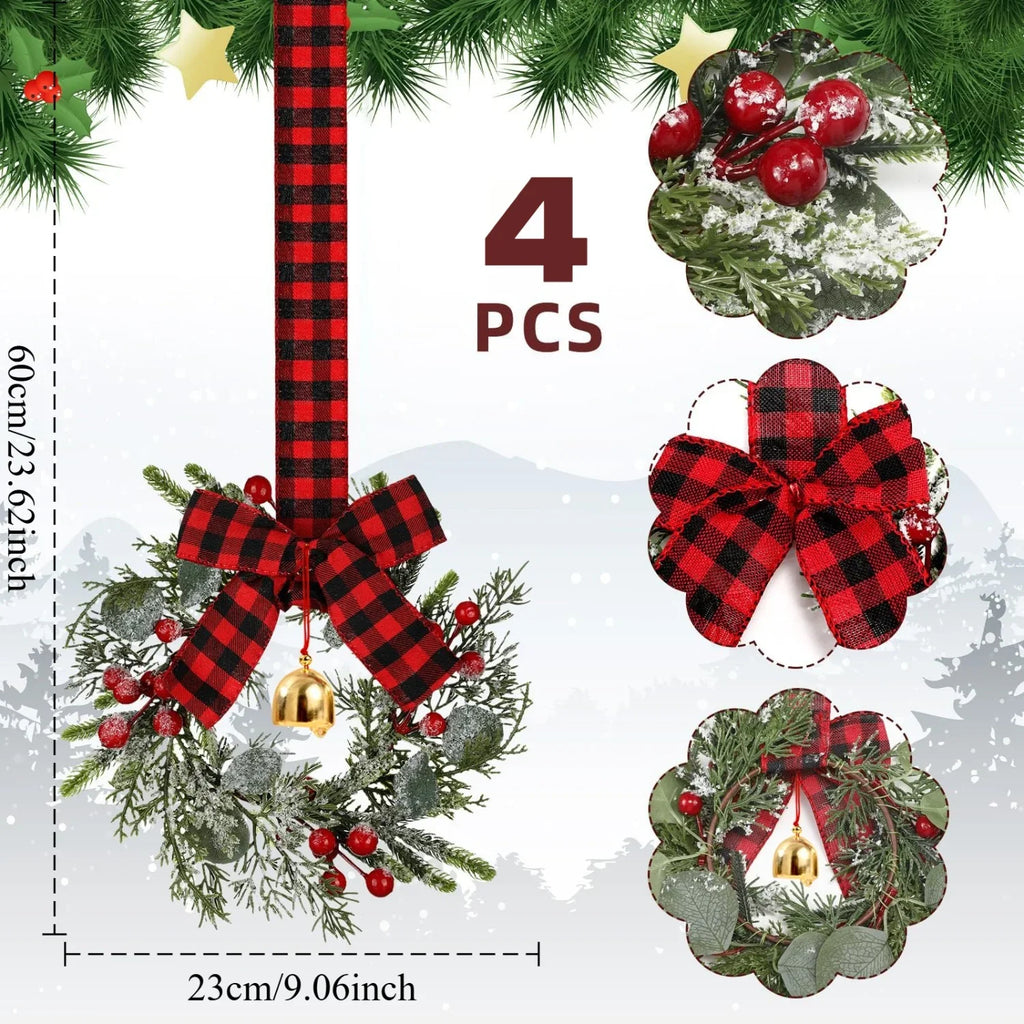 4pcs 9-Inch Mini Christmas Cabinet Bells Wreath Set with Bells, Frosted Cedar, Red Berries & Red & Black Plaid Bow - Norfolk Pine Artificial Material for Kitchen Cabinets, Holiday Decorations (No Maintenance Required), Doors, House Of Avana