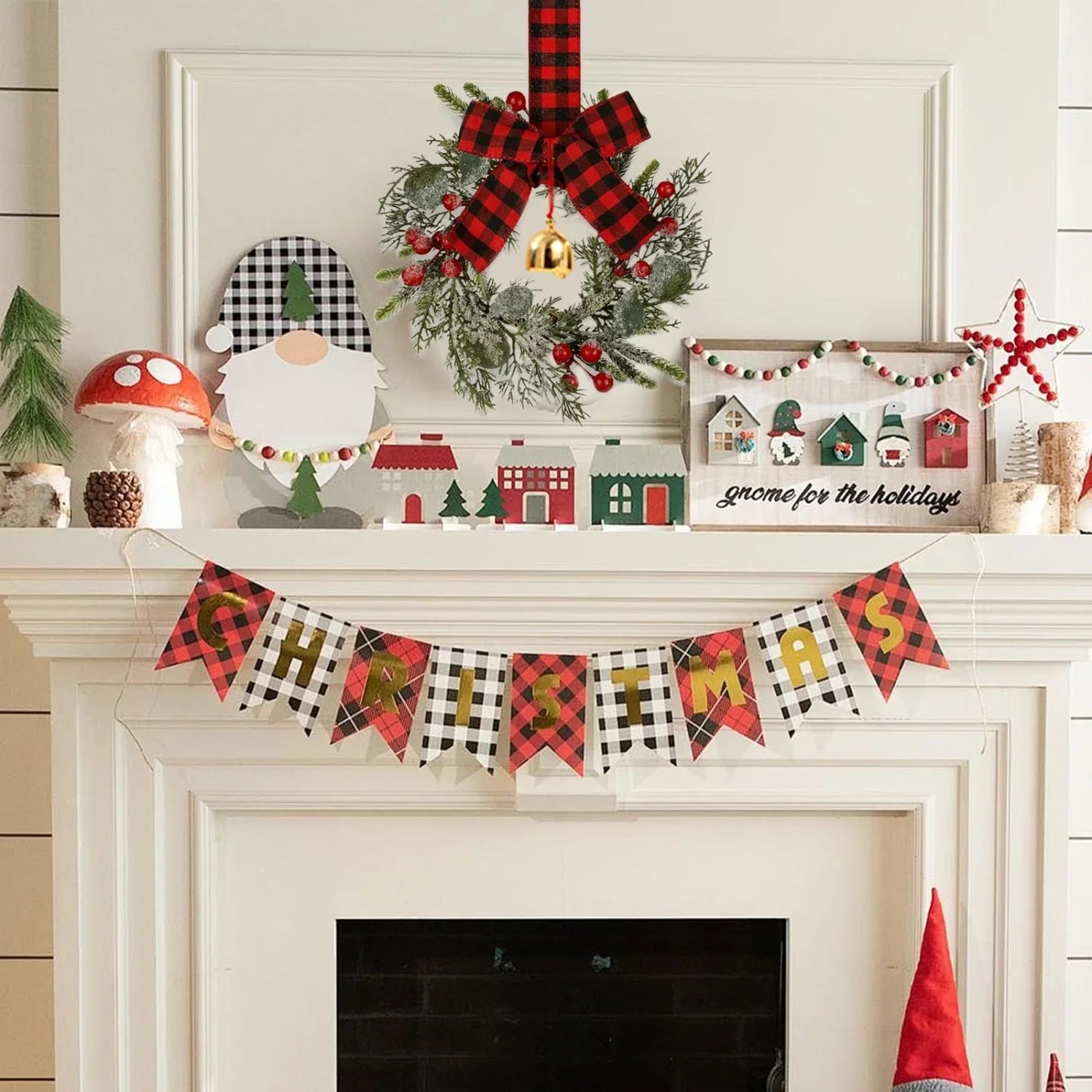 4pcs 9-Inch Mini Christmas Cabinet Bells Wreath Set with Bells, Frosted Cedar, Red Berries & Red & Black Plaid Bow - Norfolk Pine Artificial Material for Kitchen Cabinets, Holiday Decorations (No Maintenance Required), Doors, House Of Avana