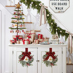 4pcs 9-Inch Mini Christmas Cabinet Bells Wreath Set with Bells, Frosted Cedar, Red Berries & Red & Black Plaid Bow - Norfolk Pine Artificial Material for Kitchen Cabinets, Holiday Decorations (No Maintenance Required), Doors, House Of Avana