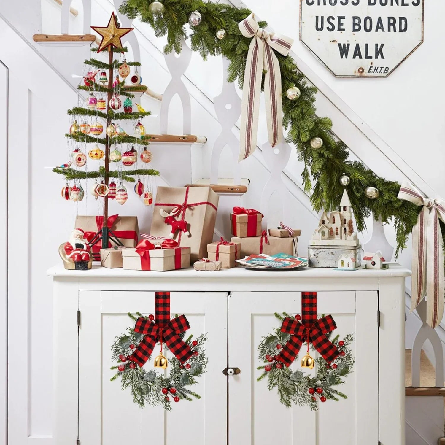 4pcs 9-Inch Mini Christmas Cabinet Bells Wreath Set with Bells, Frosted Cedar, Red Berries & Red & Black Plaid Bow - Norfolk Pine Artificial Material for Kitchen Cabinets, Holiday Decorations (No Maintenance Required), Doors, House Of Avana