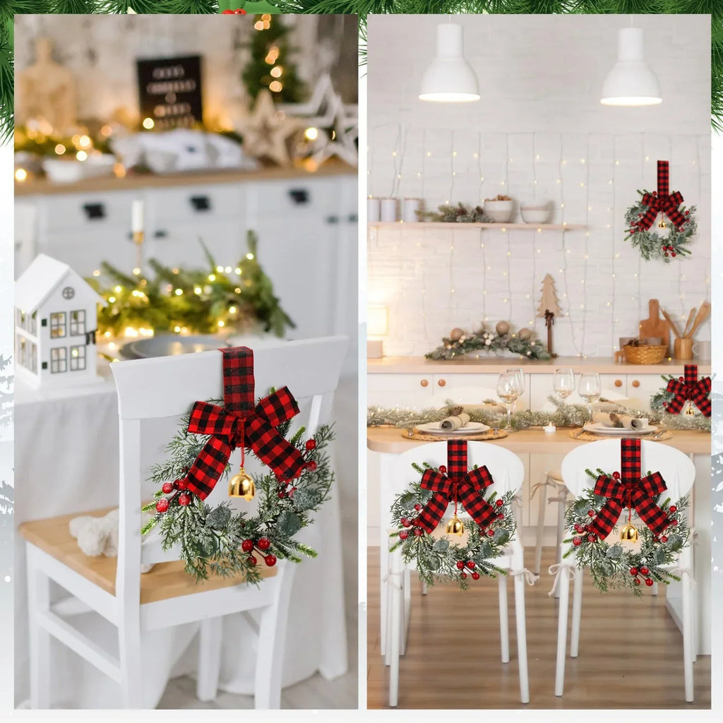 4pcs 9-Inch Mini Christmas Cabinet Bells Wreath Set with Bells, Frosted Cedar, Red Berries & Red & Black Plaid Bow - Norfolk Pine Artificial Material for Kitchen Cabinets, Holiday Decorations (No Maintenance Required), Doors, House Of Avana