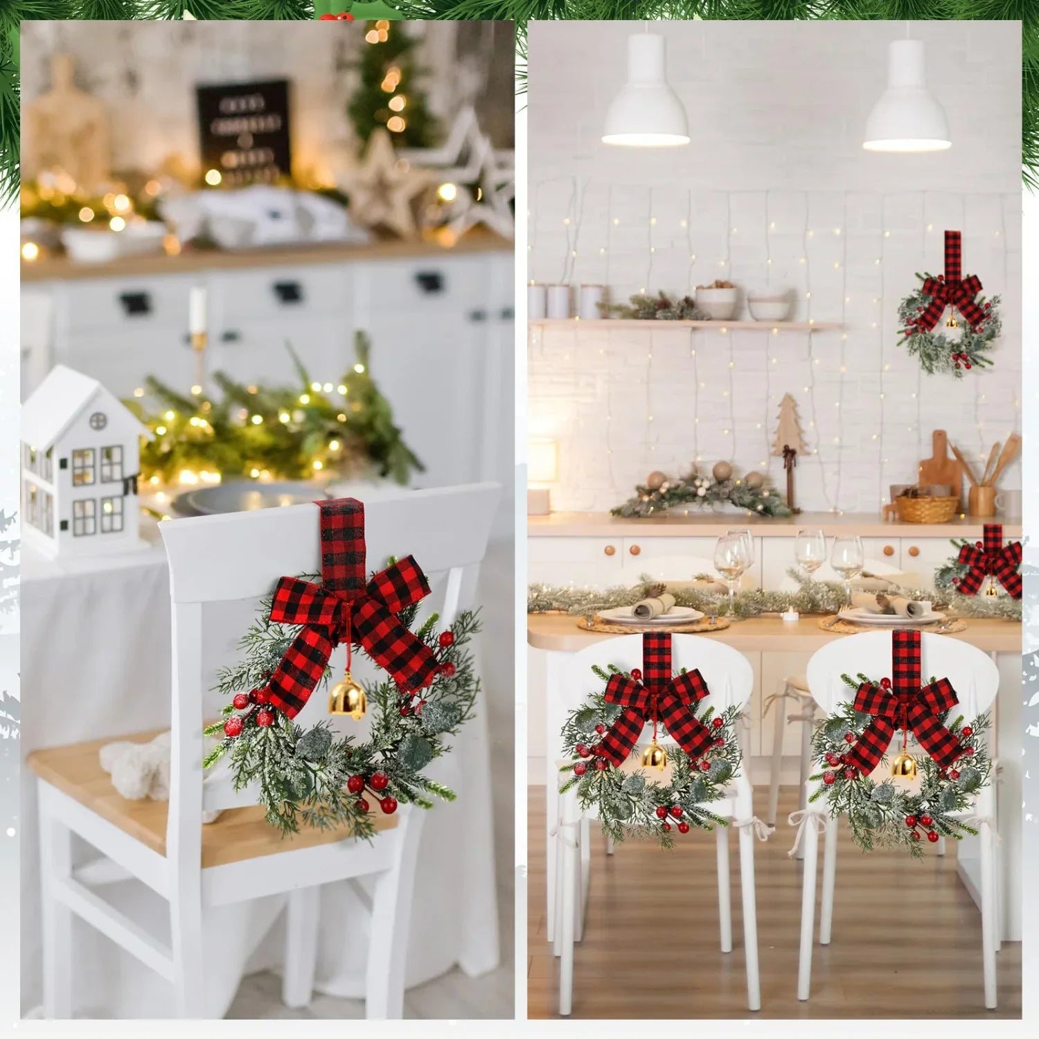 4pcs 9-Inch Mini Christmas Cabinet Bells Wreath Set with Bells, Frosted Cedar, Red Berries & Red & Black Plaid Bow - Norfolk Pine Artificial Material for Kitchen Cabinets, Holiday Decorations (No Maintenance Required), Doors, House Of Avana