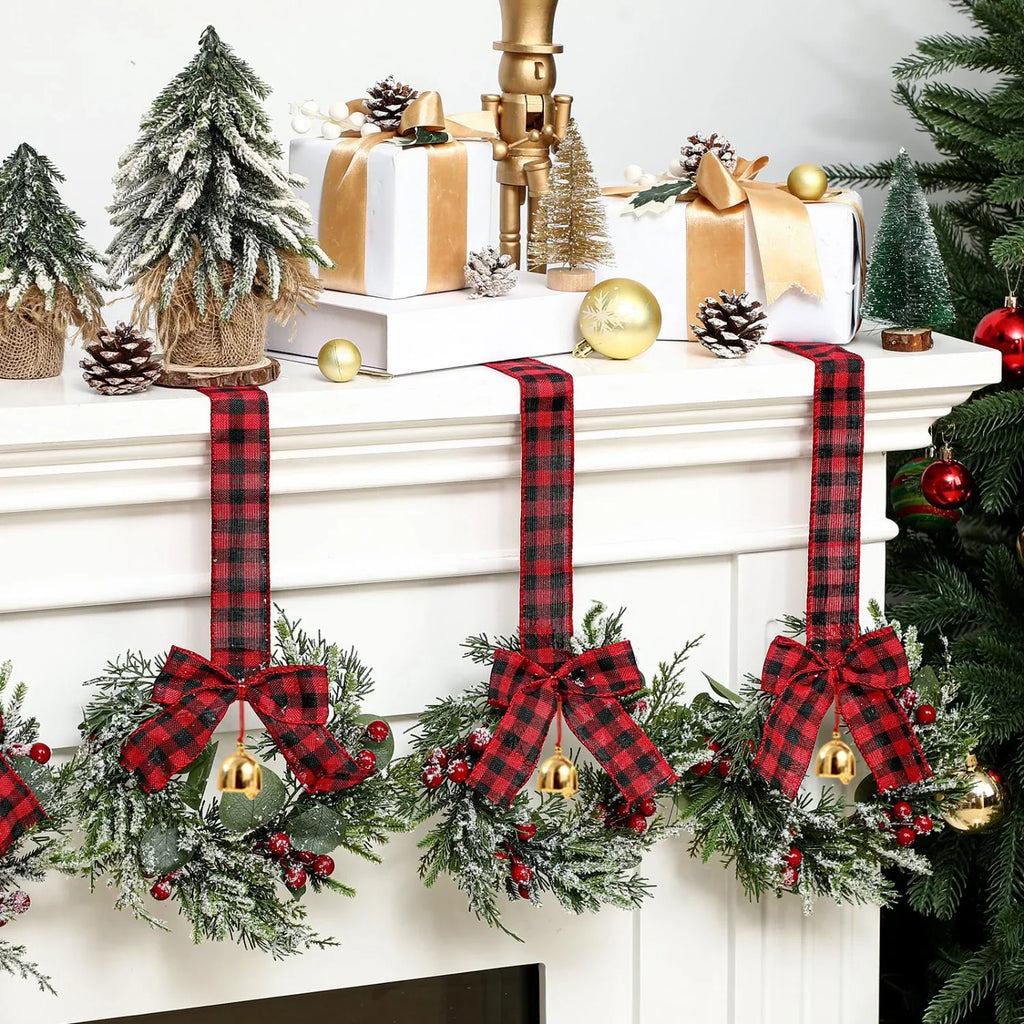 4pcs 9-Inch Mini Christmas Cabinet Bells Wreath Set with Bells, Frosted Cedar, Red Berries & Red & Black Plaid Bow - Norfolk Pine Artificial Material for Kitchen Cabinets, Holiday Decorations (No Maintenance Required), Doors, House Of Avana