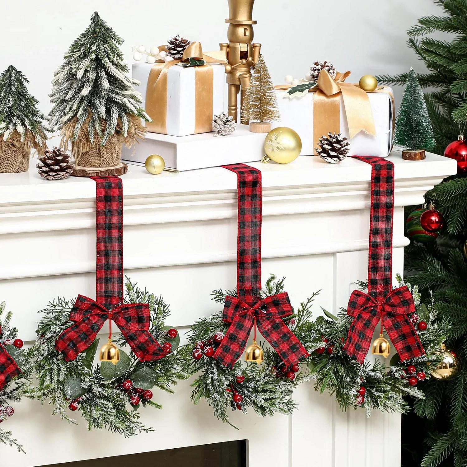 4pcs 9-Inch Mini Christmas Cabinet Bells Wreath Set with Bells, Frosted Cedar, Red Berries & Red & Black Plaid Bow - Norfolk Pine Artificial Material for Kitchen Cabinets, Holiday Decorations (No Maintenance Required), Doors, House Of Avana
