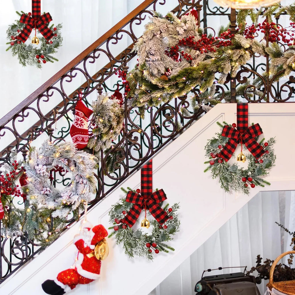 4pcs 9-Inch Mini Christmas Cabinet Bells Wreath Set with Bells, Frosted Cedar, Red Berries & Red & Black Plaid Bow - Norfolk Pine Artificial Material for Kitchen Cabinets, Holiday Decorations (No Maintenance Required), Doors, House Of Avana