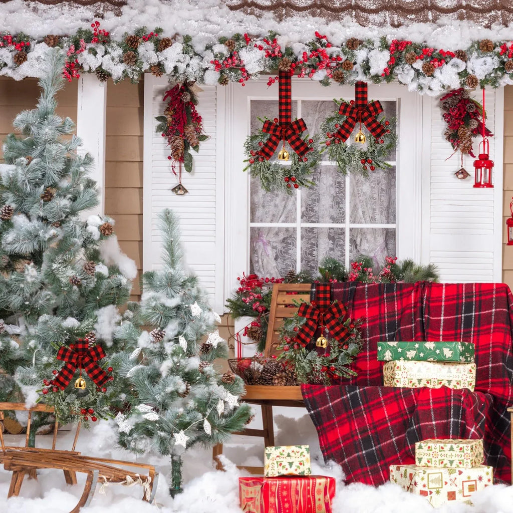 4pcs 9-Inch Mini Christmas Cabinet Bells Wreath Set with Bells, Frosted Cedar, Red Berries & Red & Black Plaid Bow - Norfolk Pine Artificial Material for Kitchen Cabinets, Holiday Decorations (No Maintenance Required), Doors, House Of Avana