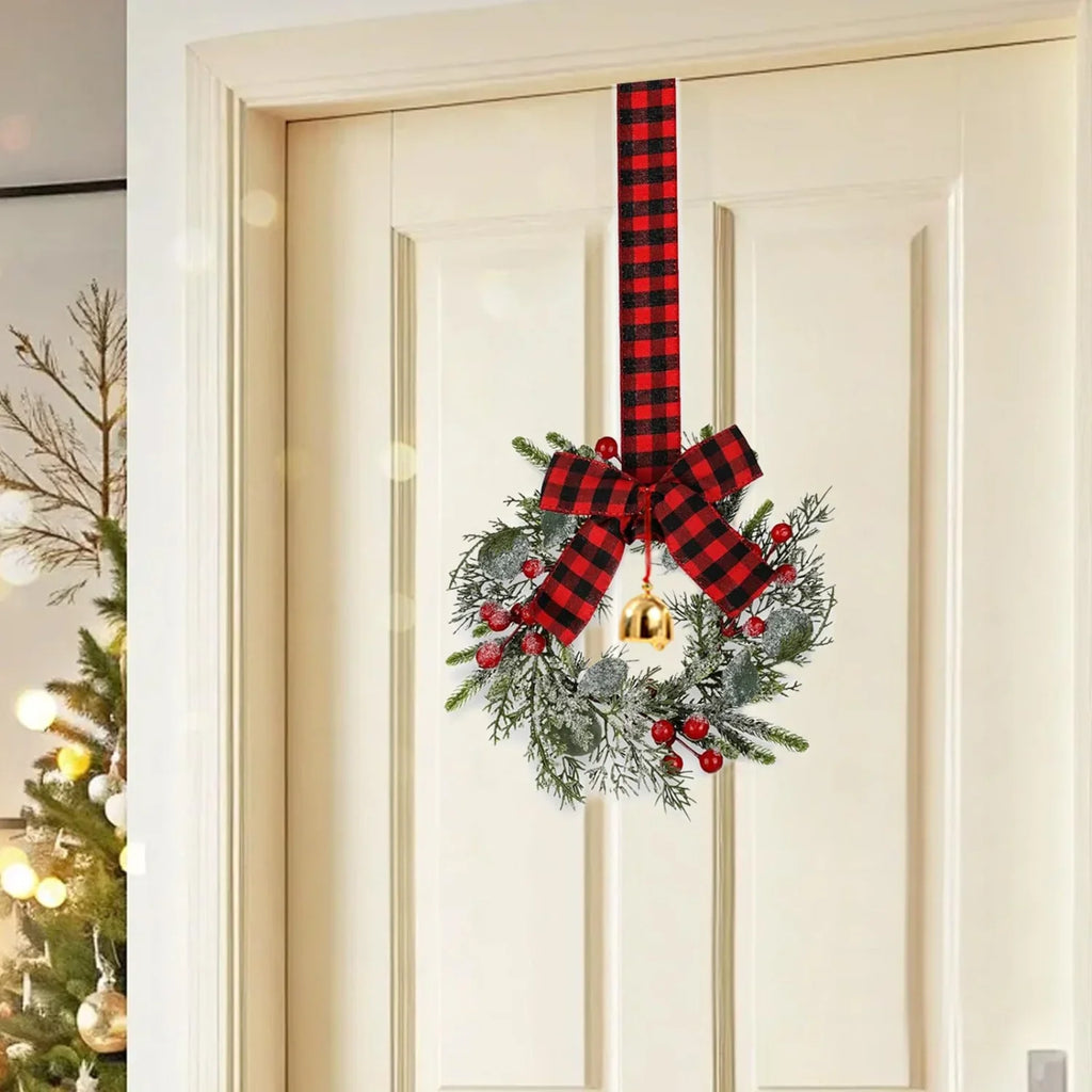 4pcs 9-Inch Mini Christmas Cabinet Bells Wreath Set with Bells, Frosted Cedar, Red Berries & Red & Black Plaid Bow - Norfolk Pine Artificial Material for Kitchen Cabinets, Holiday Decorations (No Maintenance Required), Doors, House Of Avana