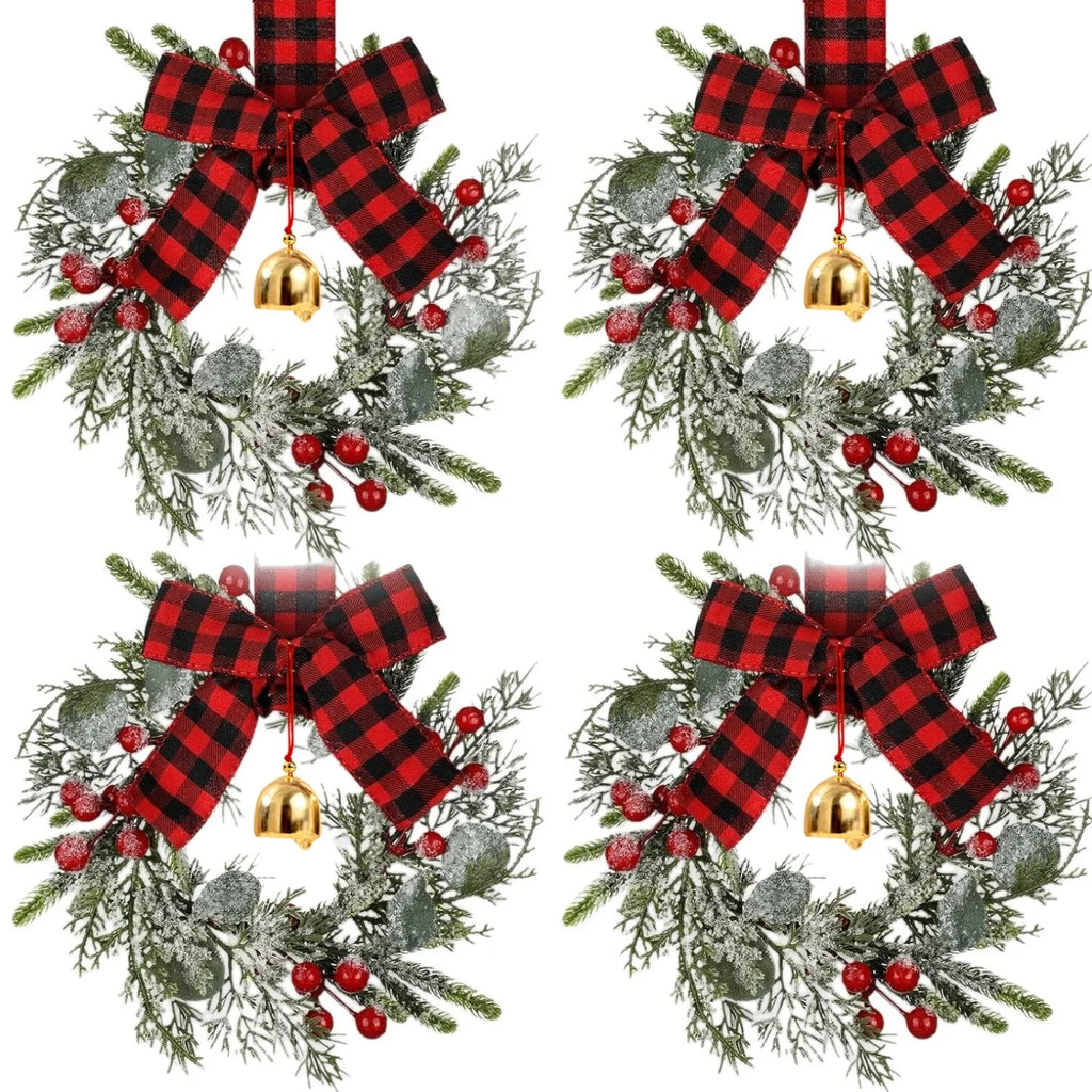 4pcs 9-Inch Mini Christmas Cabinet Bells Wreath Set with Bells, Frosted Cedar, Red Berries & Red & Black Plaid Bow - Norfolk Pine Artificial Material for Kitchen Cabinets, Holiday Decorations (No Maintenance Required), Doors, House Of Avana