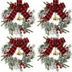 4pcs 9-Inch Mini Christmas Cabinet Bells Wreath Set with Bells, Frosted Cedar, Red Berries & Red & Black Plaid Bow - Norfolk Pine Artificial Material for Kitchen Cabinets, Holiday Decorations (No Maintenance Required), Doors, House Of Avana